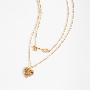 Necklace with Double Chain and Heart Charms in Gold